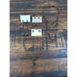 Bronze Tone & Brown Necklaces &‎ Earrings, Bib Style & Choker, 2 Stud & 1 Dangle